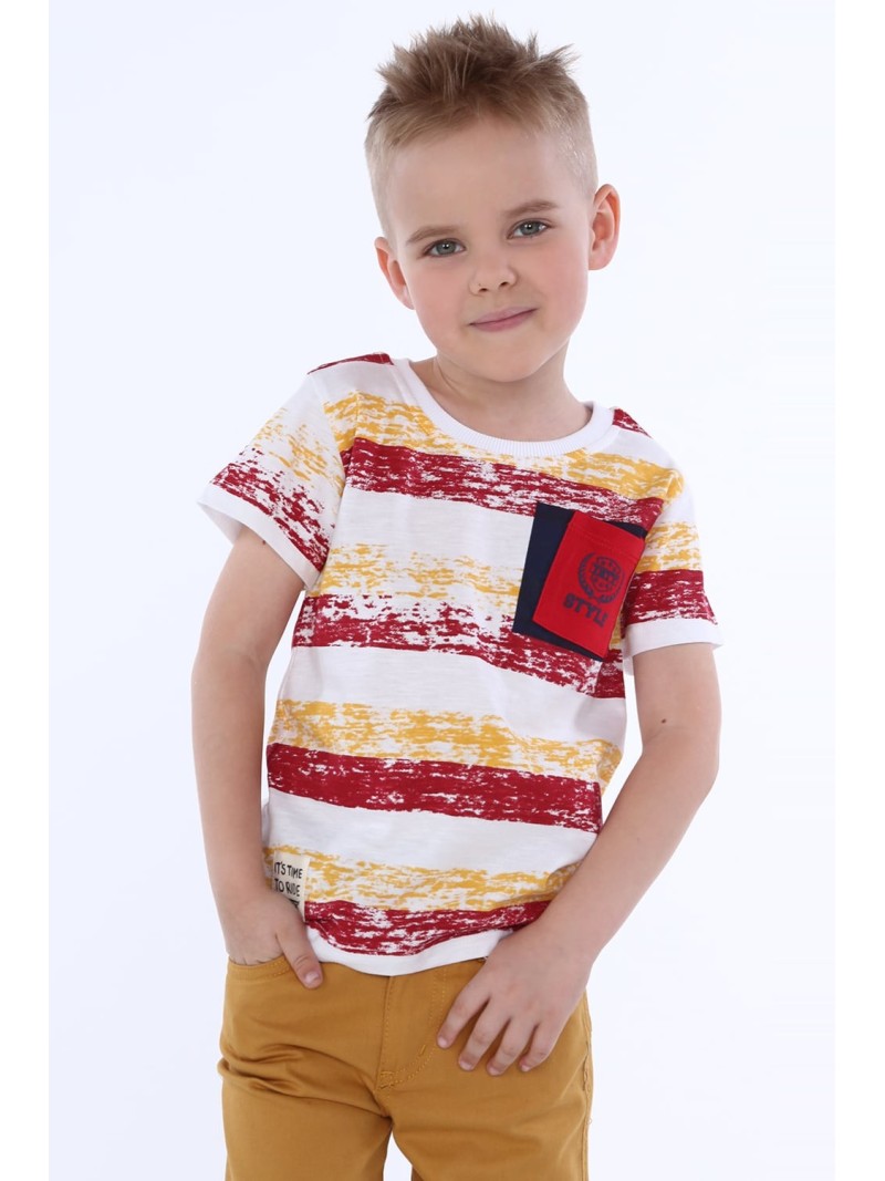 Boy\'s striped T-shirt with a pocket / burgundy NDZ4534 - Online store - Boutique